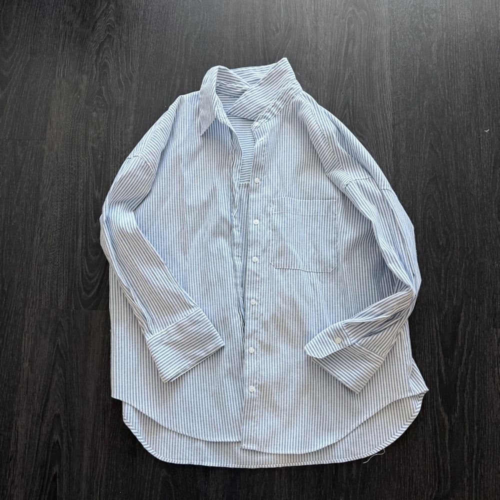 Zara blue and white striped long sleeve button down shirt